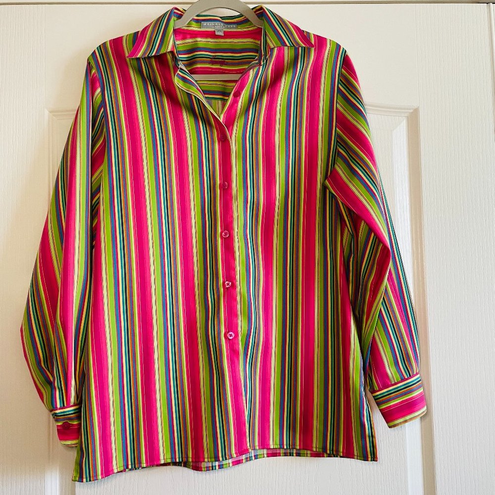 Foxcroft Womens Wrinkle Free Classic Fit Colorful Bright Striped Shirt Size 6